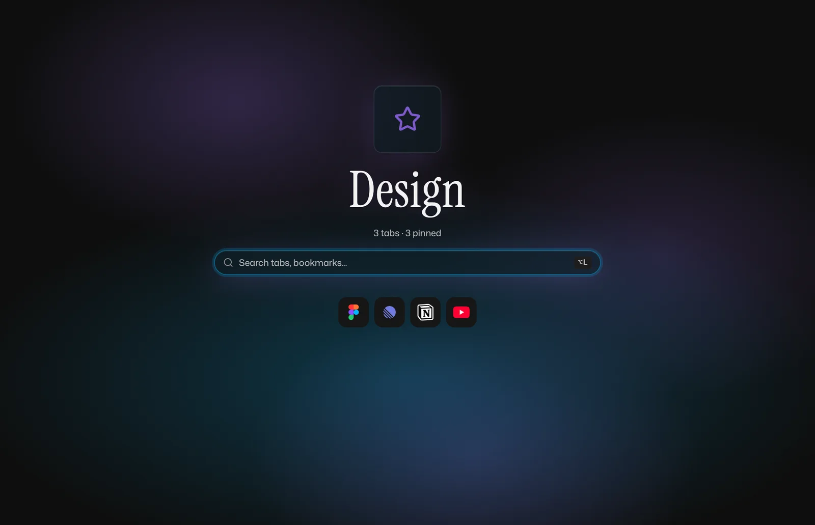 The Lunma new-tab page for the Design Space, its colour filling the page behind the Space name and a row of favourites.